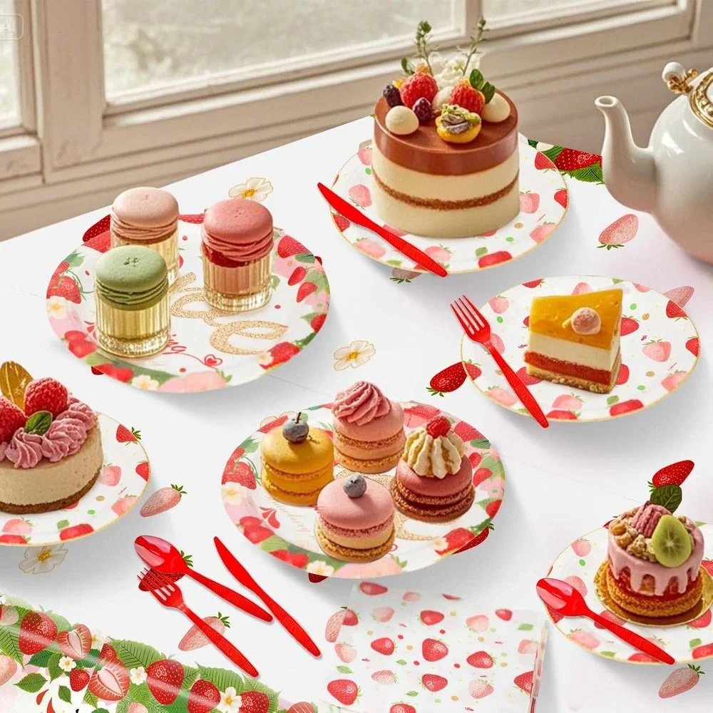 169 Piece Strawberry Sweet 1st Birthday Party Supplies Dinnerware Set-Serves 24‎
